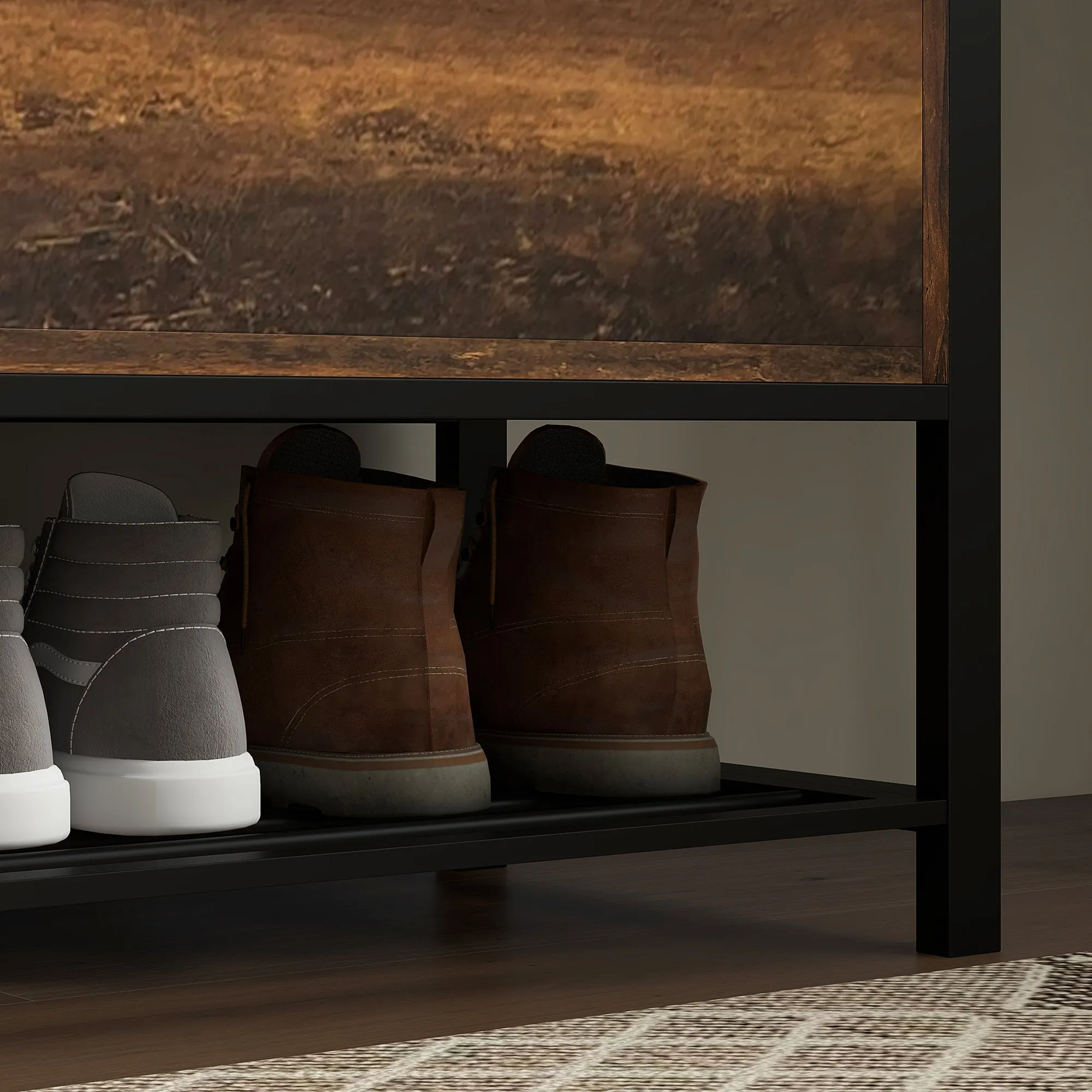 Industrial Entrance Shoe Bench with Hidden Shelf, Chipboard and Steel, 100x40x50 cm, Brown and Black