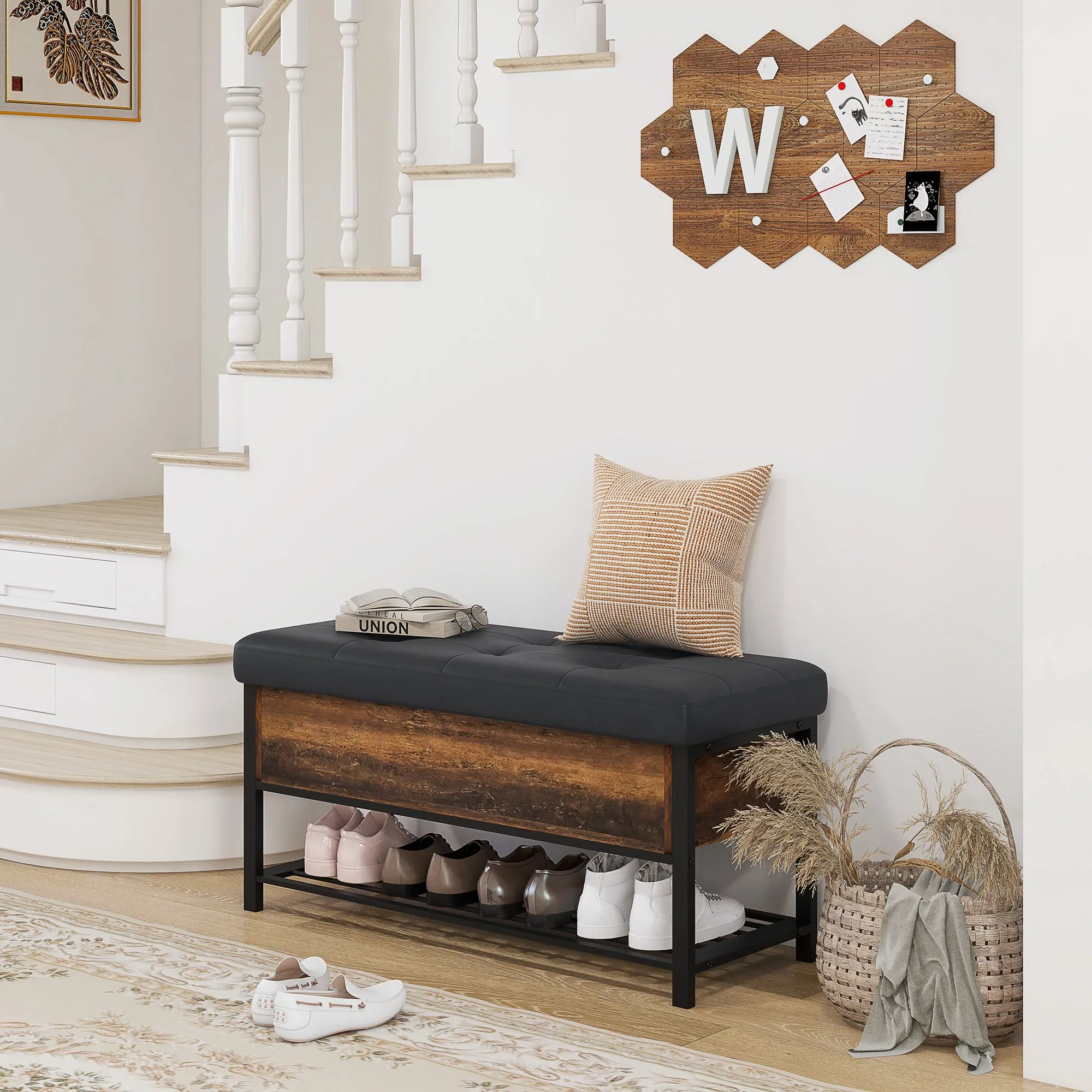 Industrial Entrance Shoe Bench with Hidden Shelf, Chipboard and Steel, 100x40x50 cm, Brown and Black
