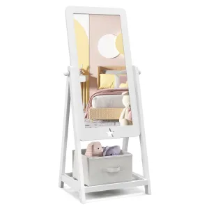 Kids Wooden Standing Mirror with Bottom Shelf and Storage Bin-White