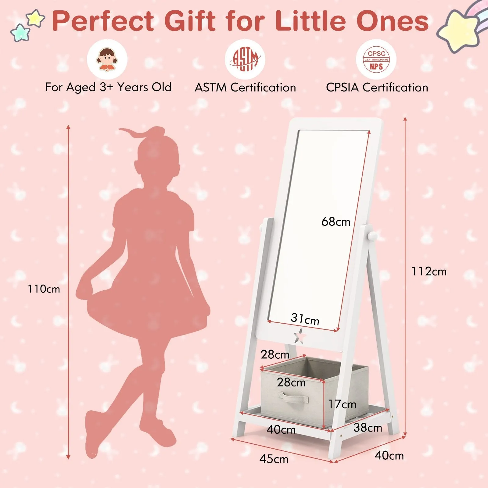 Kids Wooden Standing Mirror with Bottom Shelf and Storage Bin-White