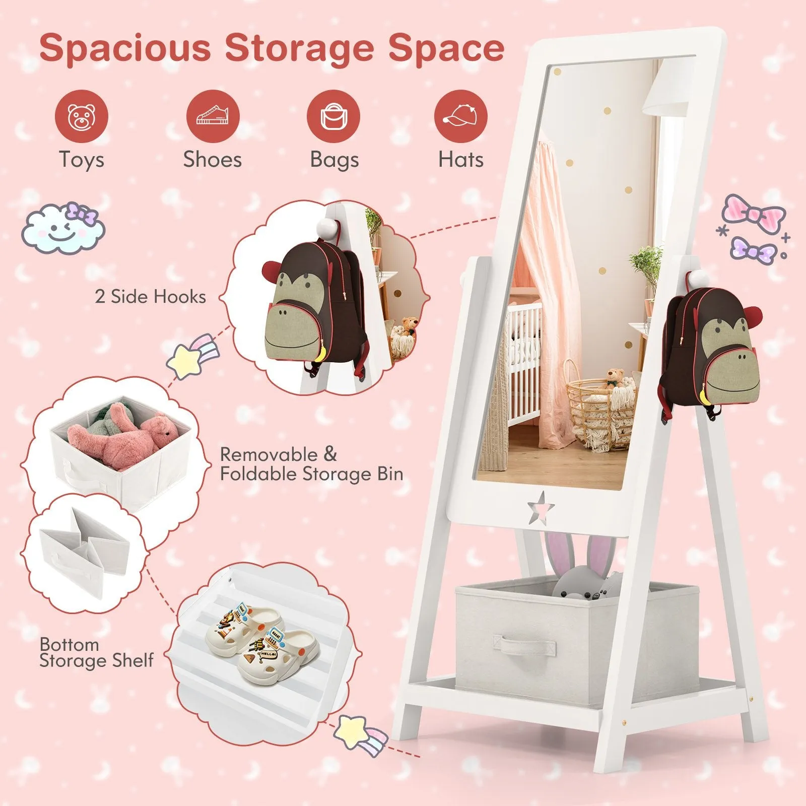 Kids Wooden Standing Mirror with Bottom Shelf and Storage Bin-White