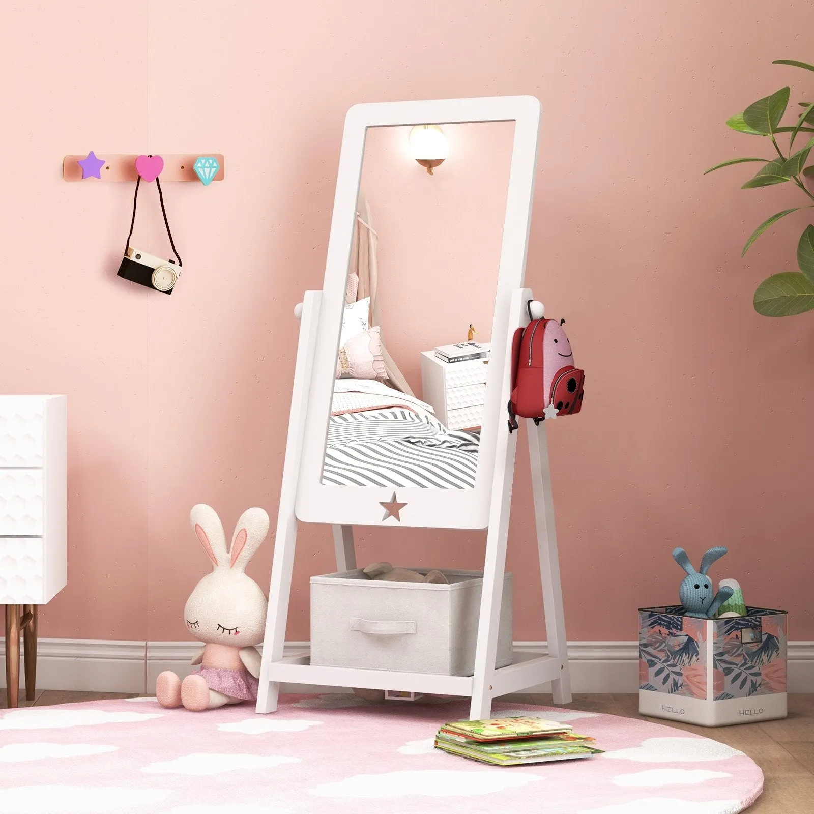 Kids Wooden Standing Mirror with Bottom Shelf and Storage Bin-White