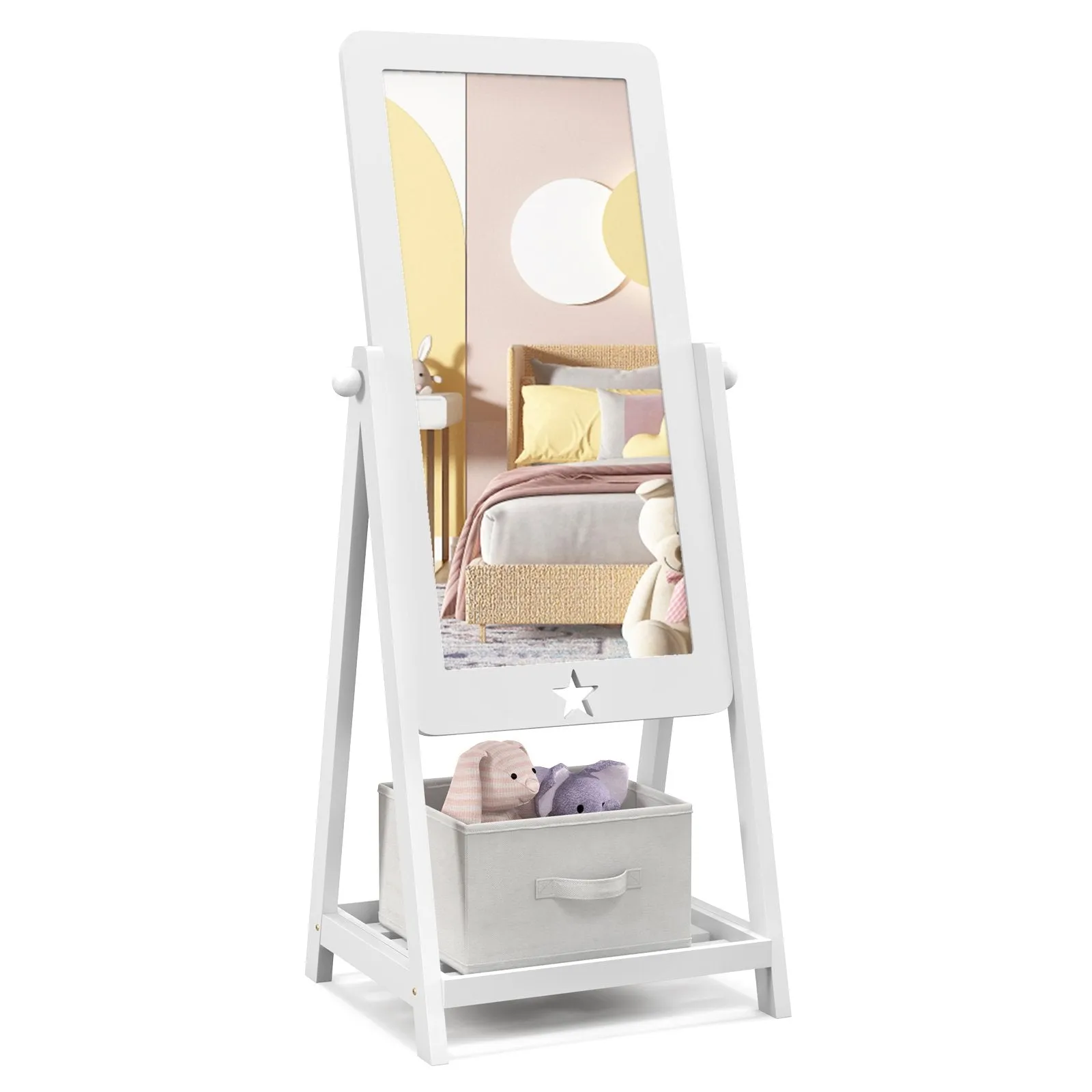 Kids Wooden Standing Mirror with Bottom Shelf and Storage Bin-White