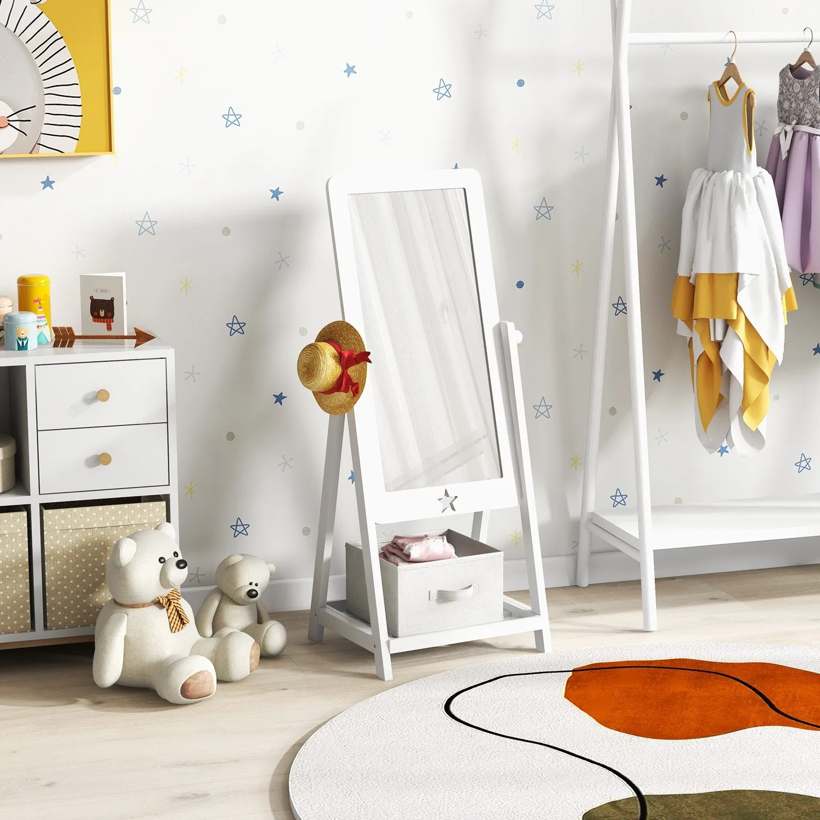 Kids Wooden Standing Mirror with Bottom Shelf and Storage Bin-White