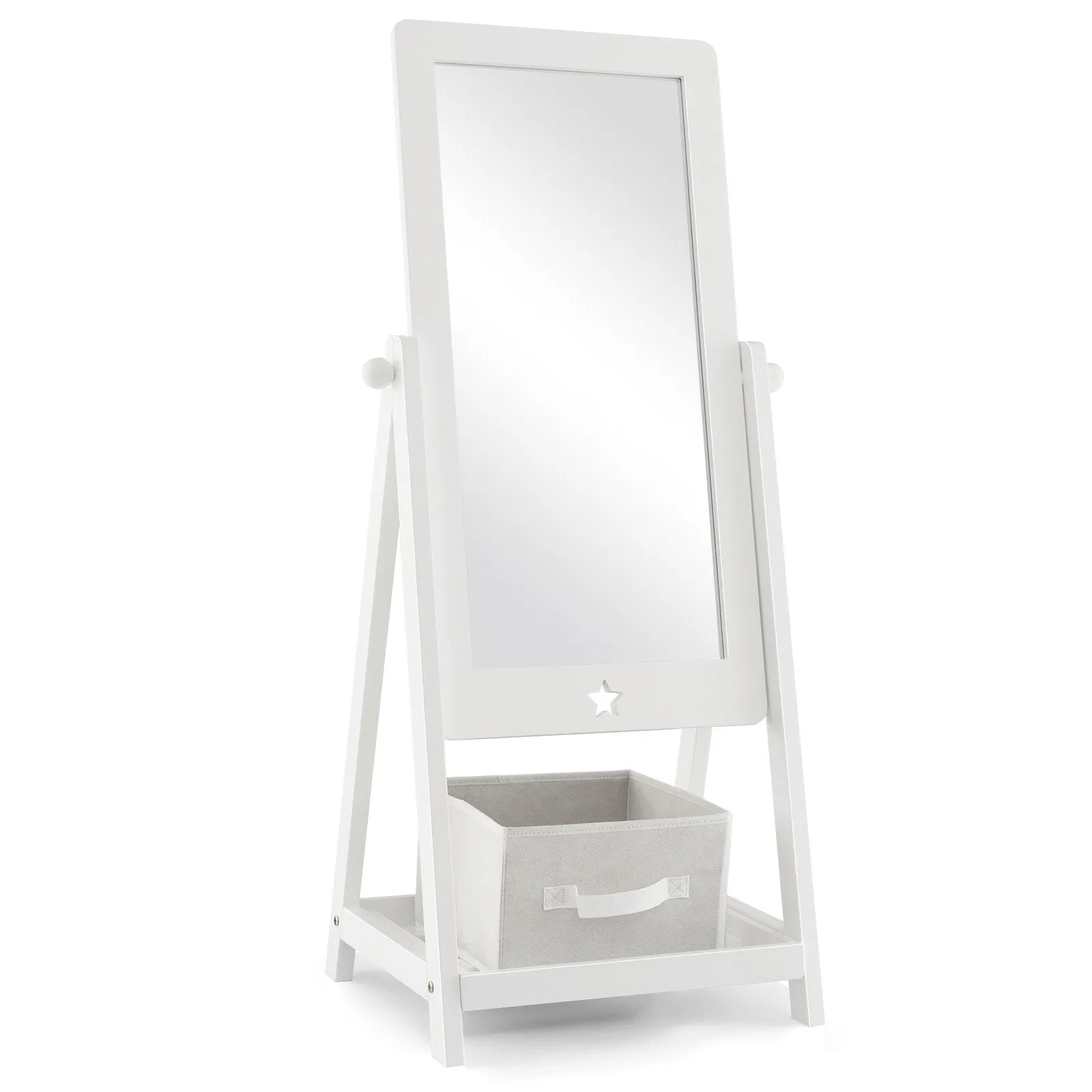Kids Wooden Standing Mirror with Bottom Shelf and Storage Bin-White