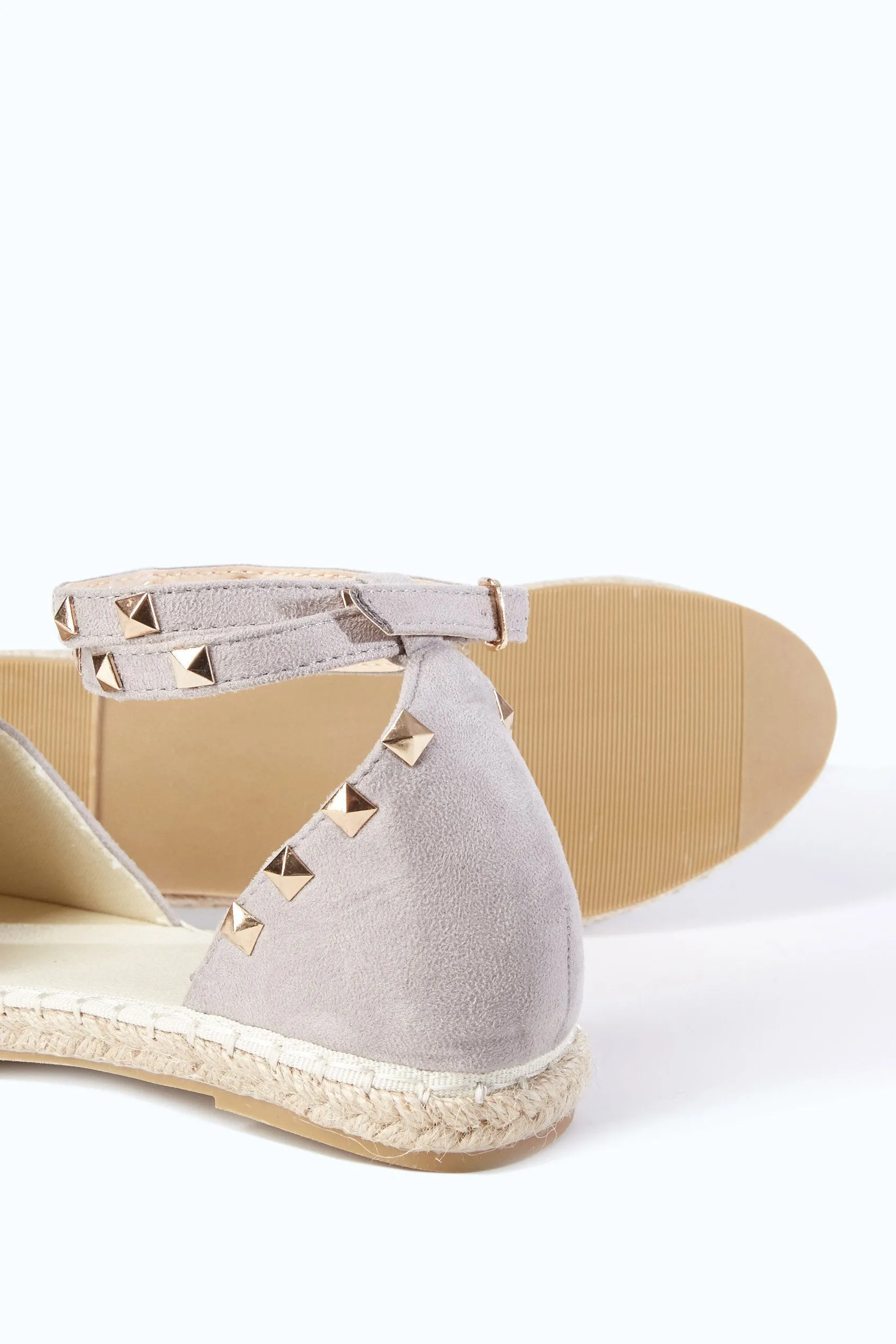 Light Grey Flat Suede Effect Studded Sandals