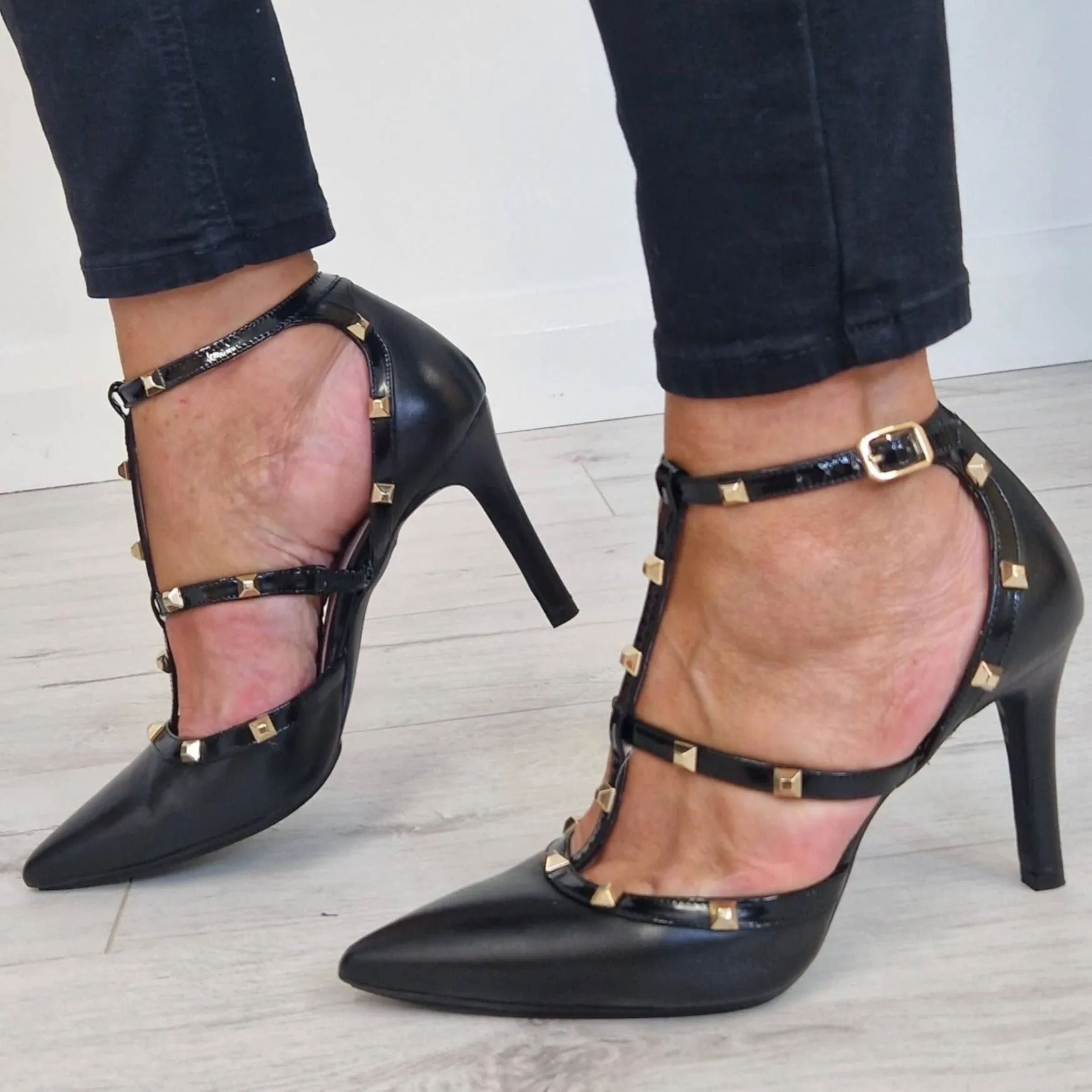 Lodi Ruseti Caged Black Leather Stilettos