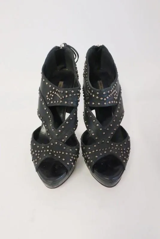 Miu Miu Booties Black Studded Cutout Leather Size 39.5 Peep Toe Platform Heel