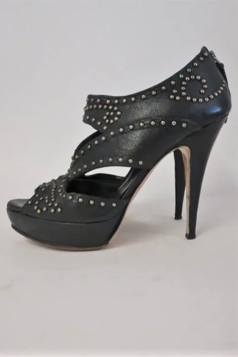 Miu Miu Booties Black Studded Cutout Leather Size 39.5 Peep Toe Platform Heel