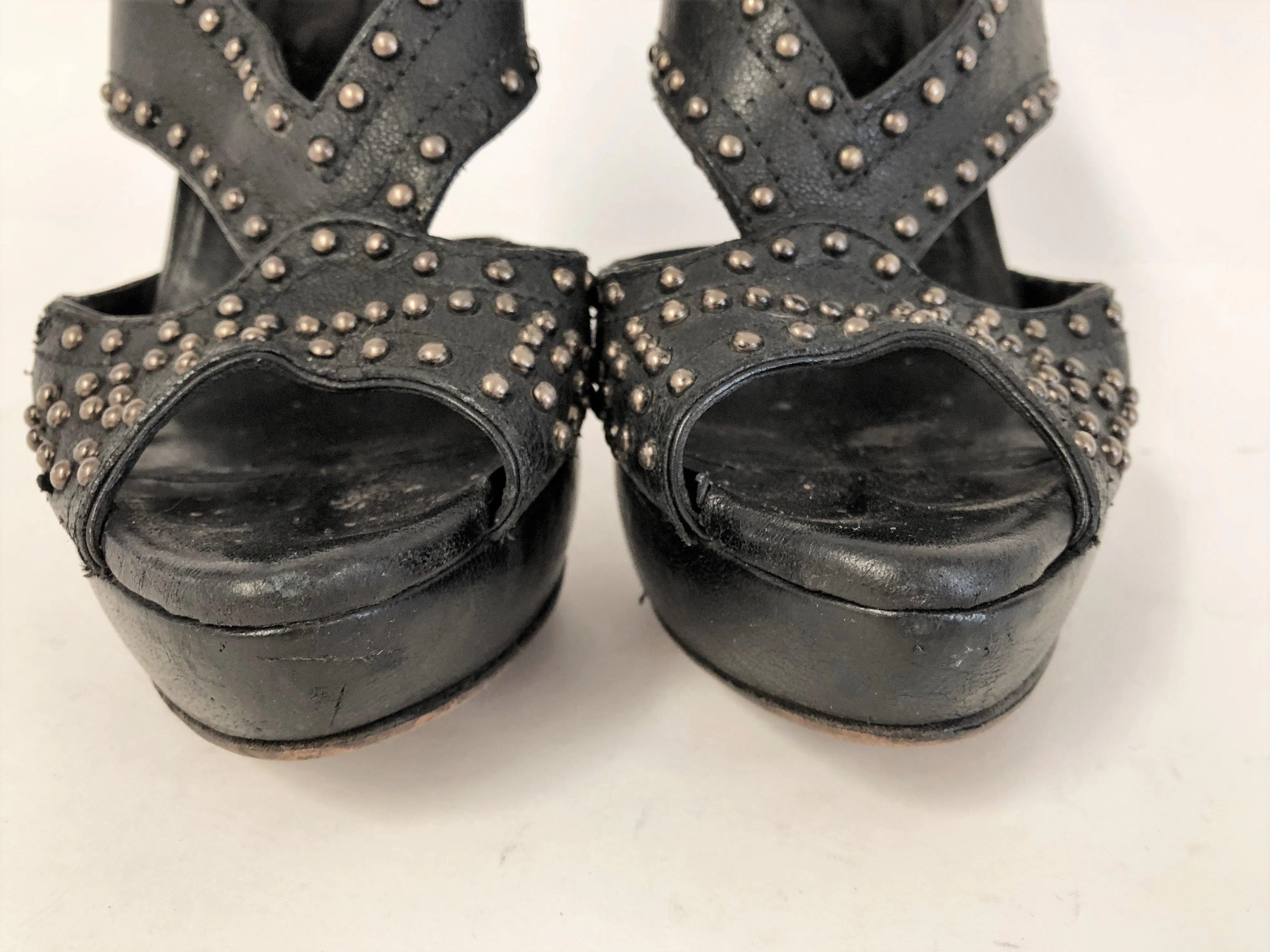 Miu Miu Booties Black Studded Cutout Leather Size 39.5 Peep Toe Platform Heel