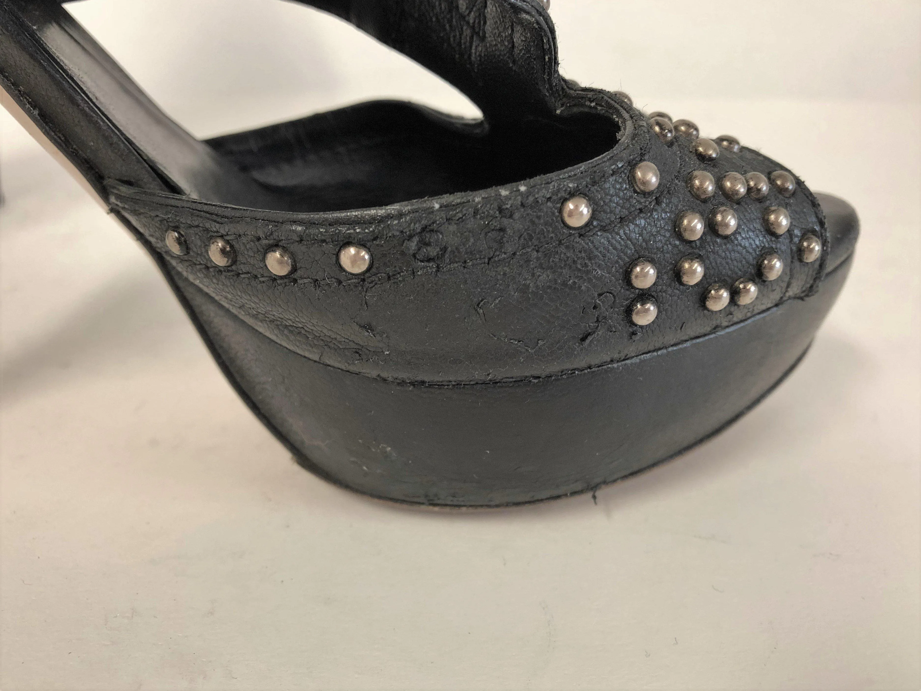 Miu Miu Booties Black Studded Cutout Leather Size 39.5 Peep Toe Platform Heel
