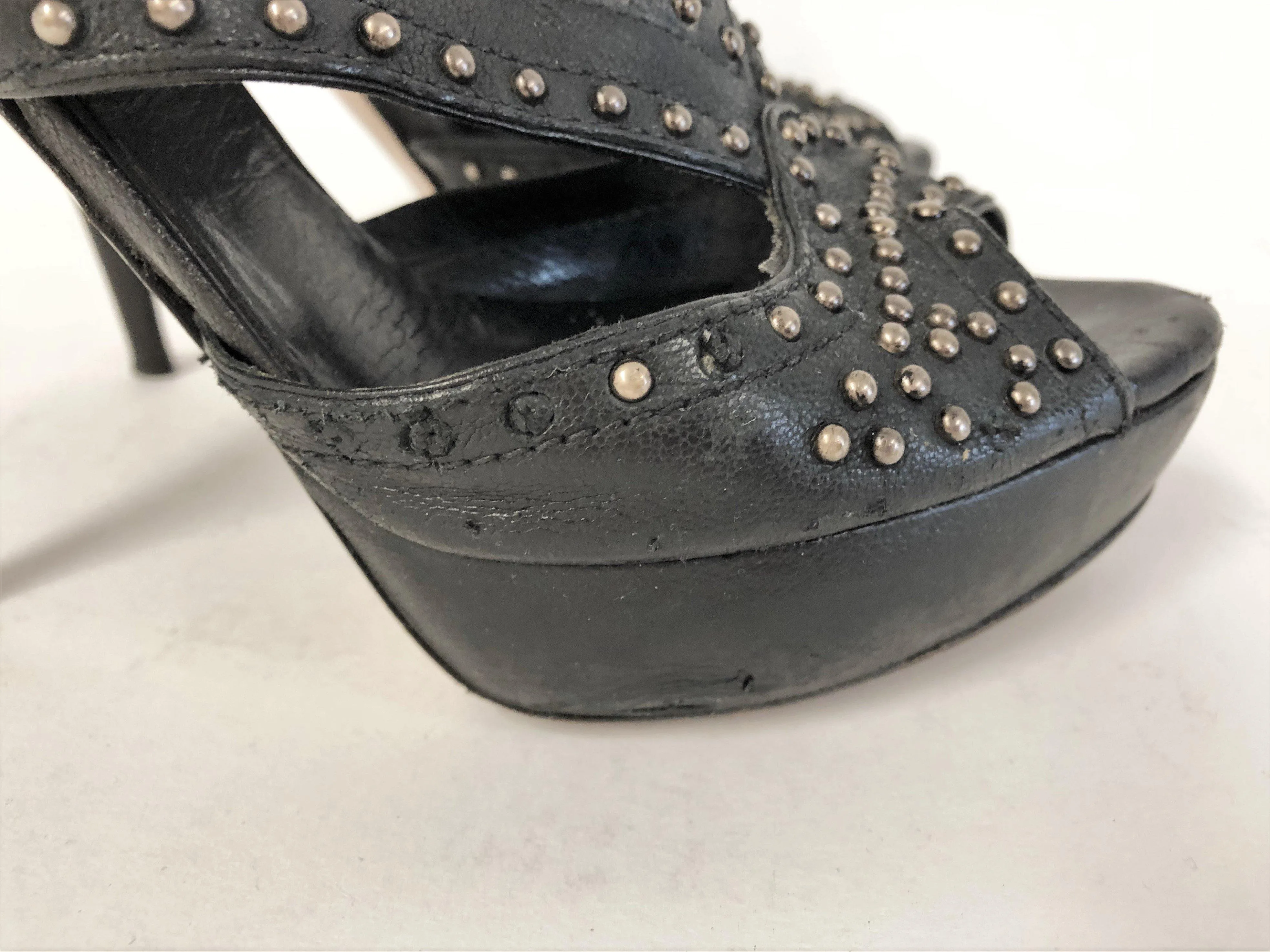 Miu Miu Booties Black Studded Cutout Leather Size 39.5 Peep Toe Platform Heel