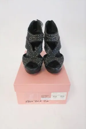 Miu Miu Booties Black Studded Cutout Leather Size 39.5 Peep Toe Platform Heel