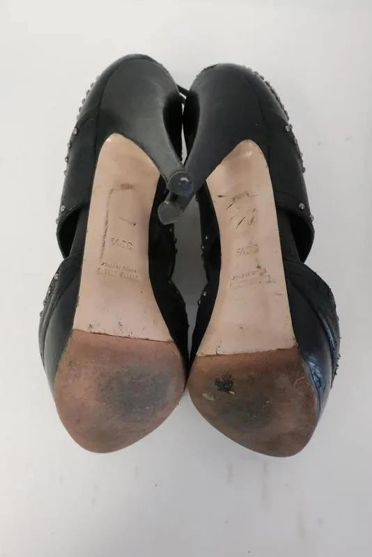 Miu Miu Booties Black Studded Cutout Leather Size 39.5 Peep Toe Platform Heel