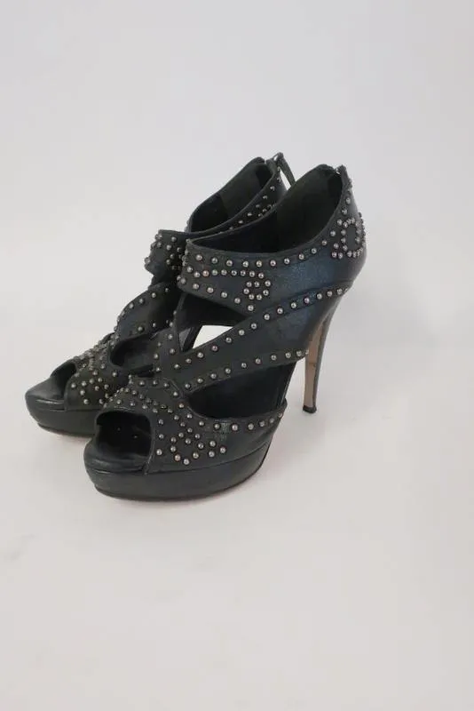 Miu Miu Booties Black Studded Cutout Leather Size 39.5 Peep Toe Platform Heel
