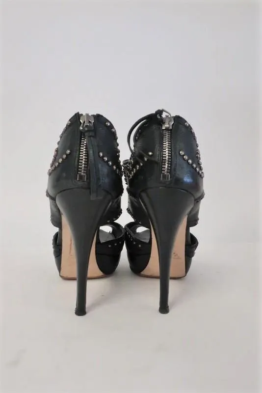 Miu Miu Booties Black Studded Cutout Leather Size 39.5 Peep Toe Platform Heel