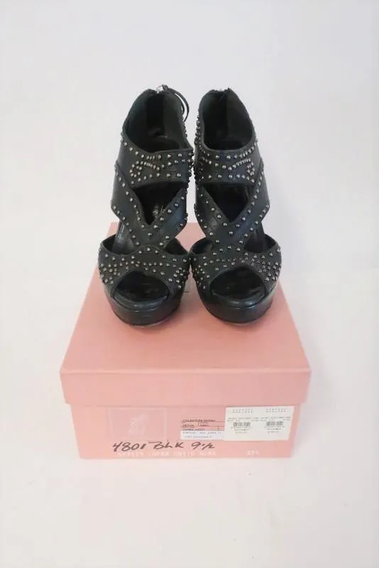 Miu Miu Booties Black Studded Cutout Leather Size 39.5 Peep Toe Platform Heel