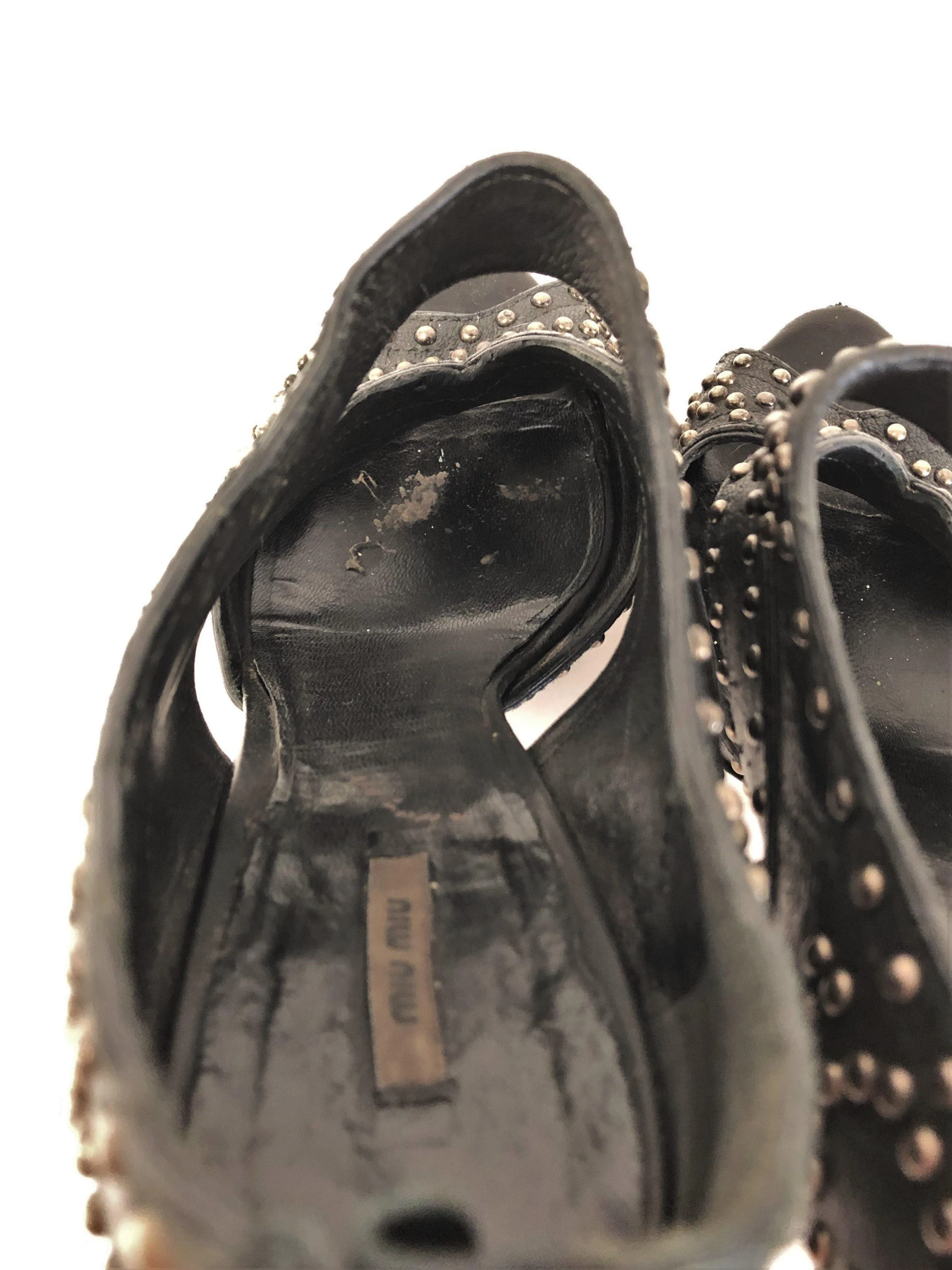 Miu Miu Booties Black Studded Cutout Leather Size 39.5 Peep Toe Platform Heel