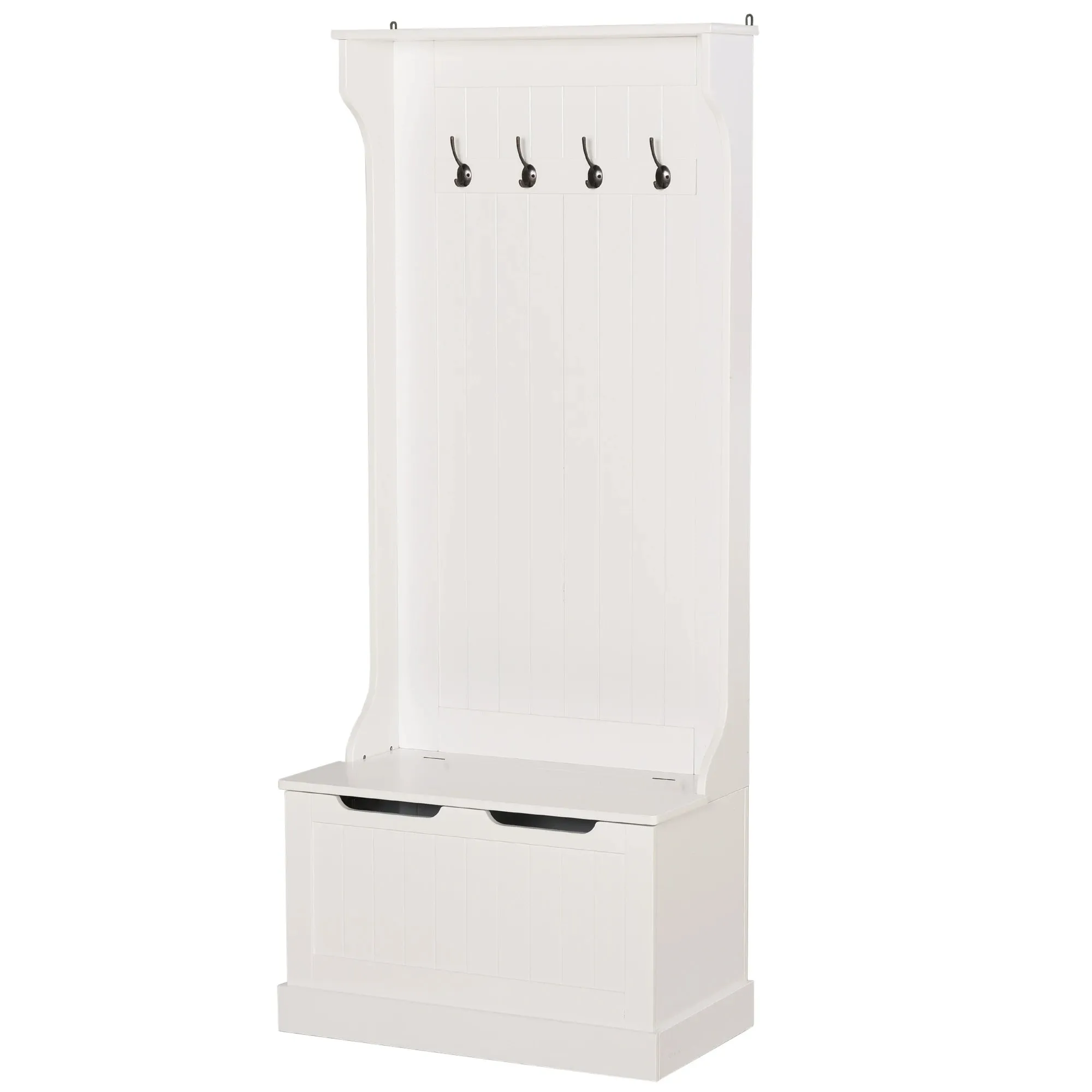 Modern Coat Rack 3 in 1 with 4 Hooks, Storage Bench and Coat Stand, Space-Saving Entryway Furniture, Hallway, Wooden Bedroom, 71.5x39. 5x170 cm, White