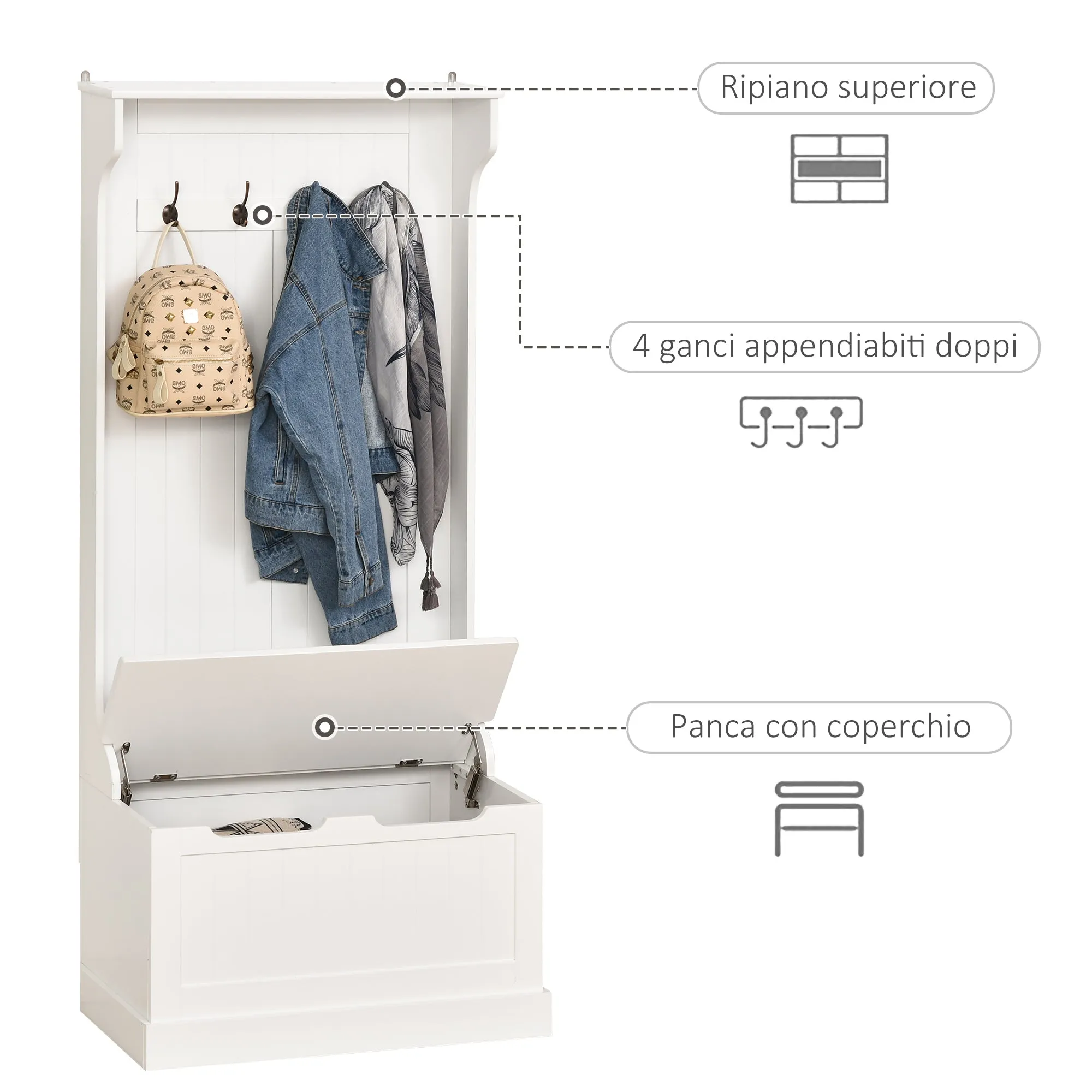 Modern Coat Rack 3 in 1 with 4 Hooks, Storage Bench and Coat Stand, Space-Saving Entryway Furniture, Hallway, Wooden Bedroom, 71.5x39. 5x170 cm, White
