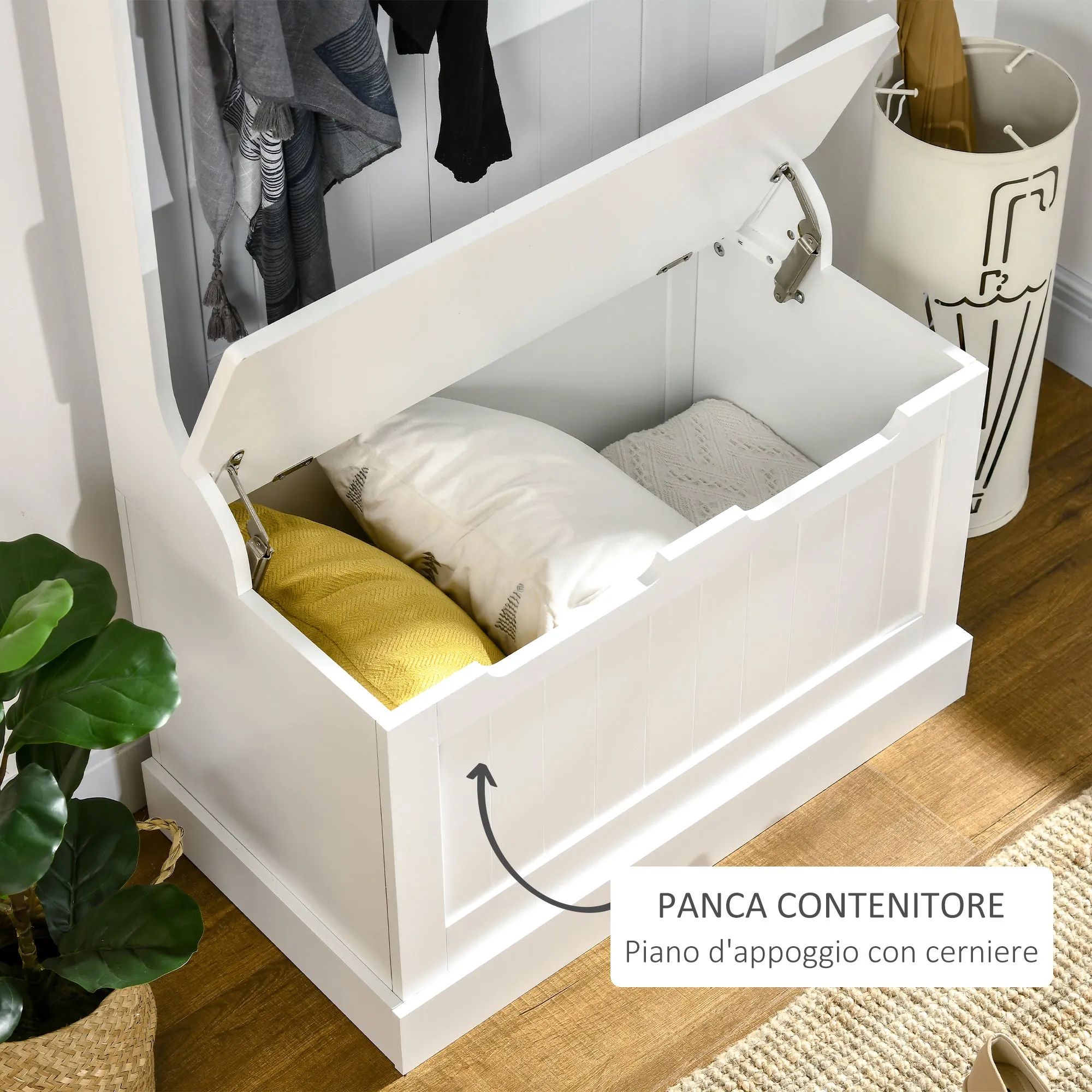 Modern Coat Rack 3 in 1 with 4 Hooks, Storage Bench and Coat Stand, Space-Saving Entryway Furniture, Hallway, Wooden Bedroom, 71.5x39. 5x170 cm, White