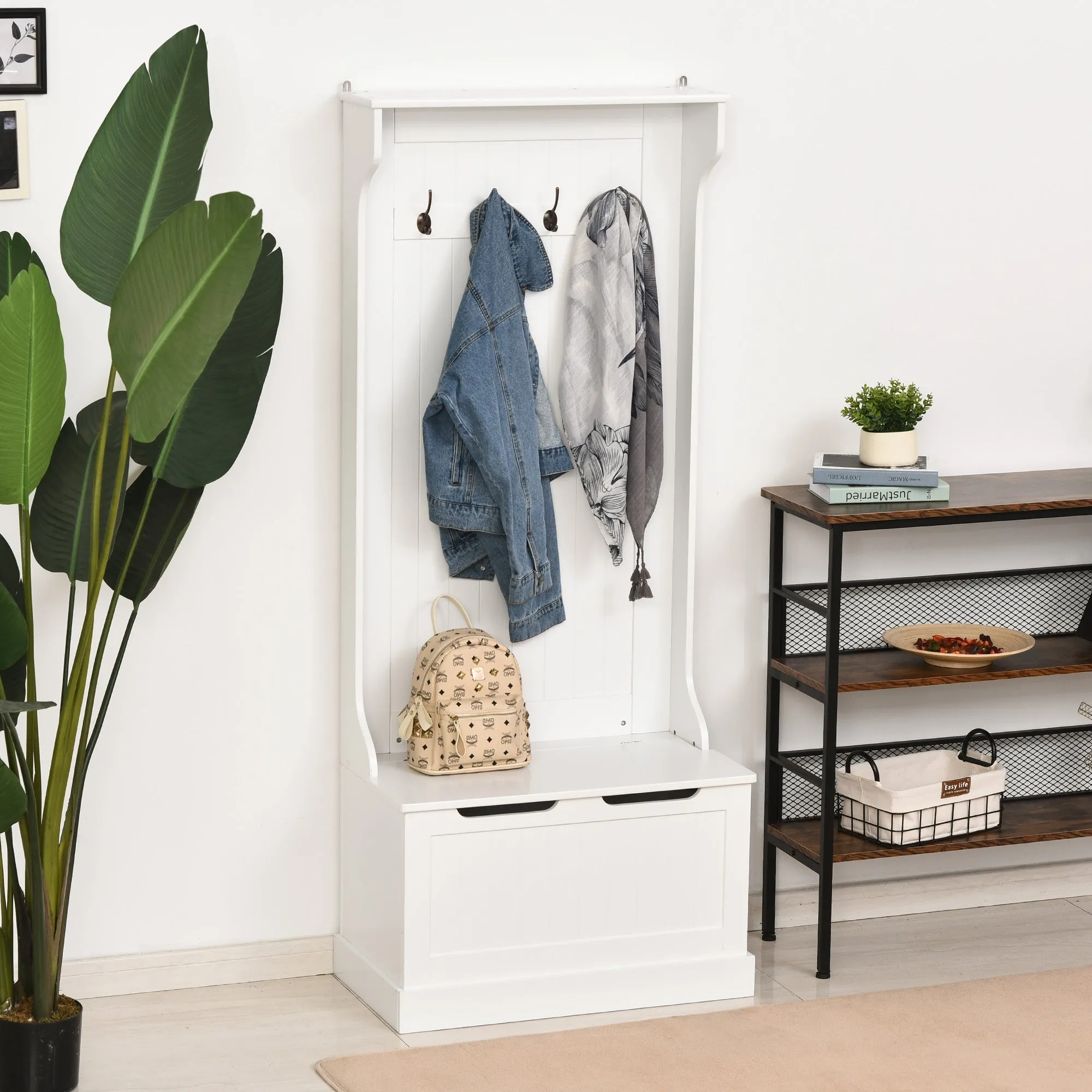 Modern Coat Rack 3 in 1 with 4 Hooks, Storage Bench and Coat Stand, Space-Saving Entryway Furniture, Hallway, Wooden Bedroom, 71.5x39. 5x170 cm, White