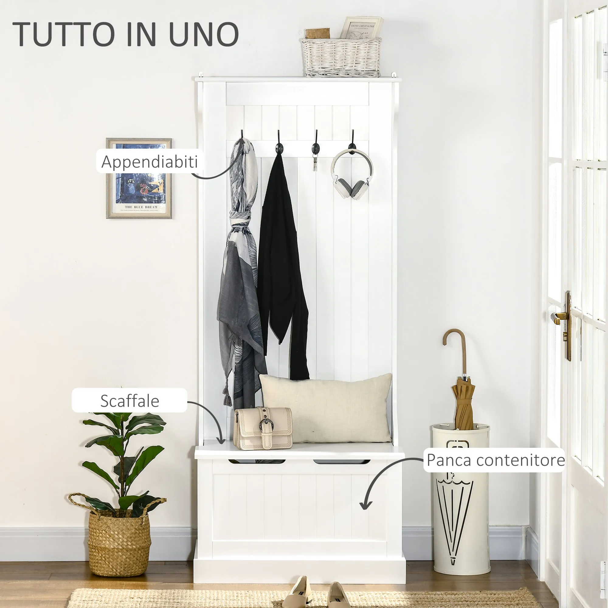 Modern Coat Rack 3 in 1 with 4 Hooks, Storage Bench and Coat Stand, Space-Saving Entryway Furniture, Hallway, Wooden Bedroom, 71.5x39. 5x170 cm, White