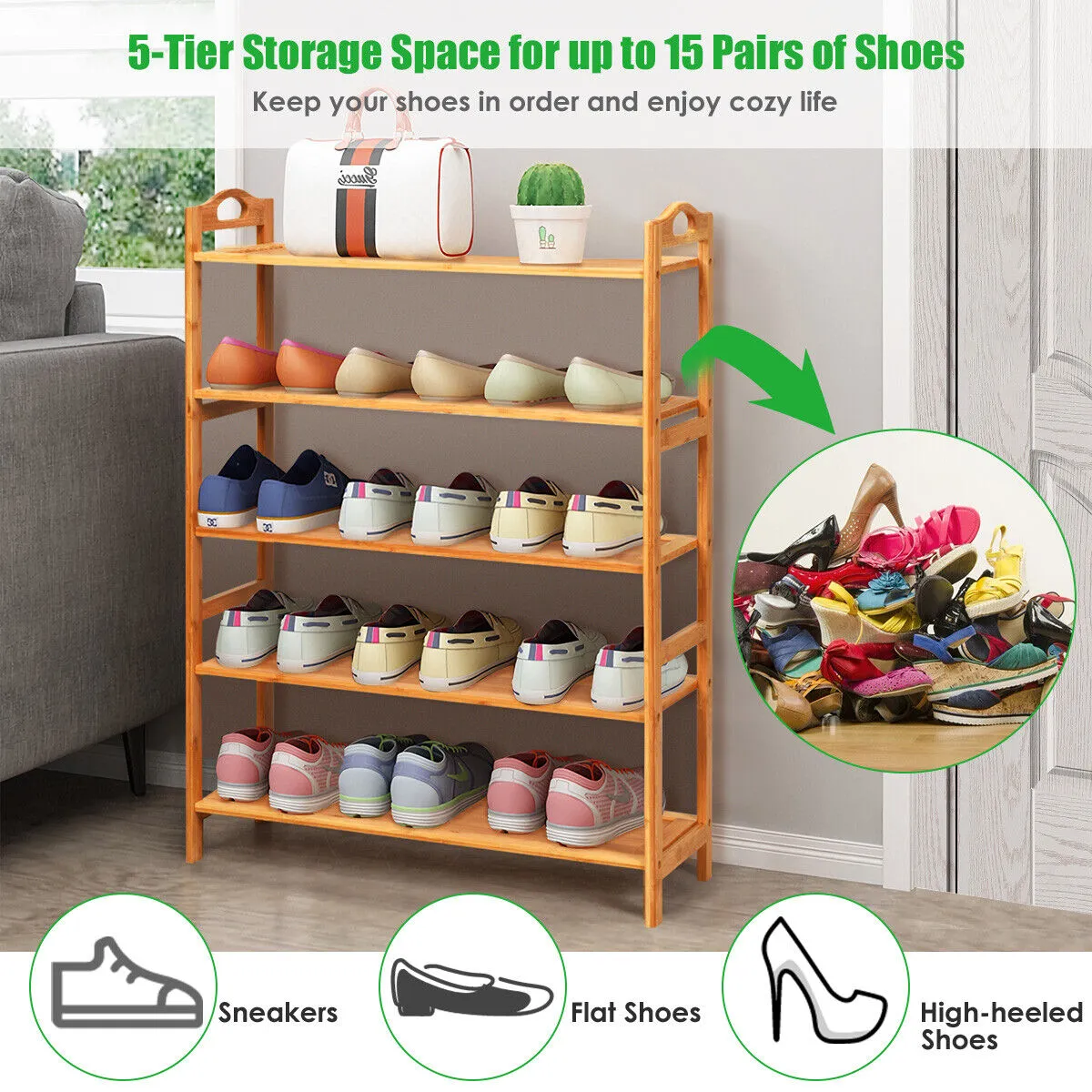 NNECW 5-Tier Bamboo Shoe Rack with Two Rounded Handles for Entryway