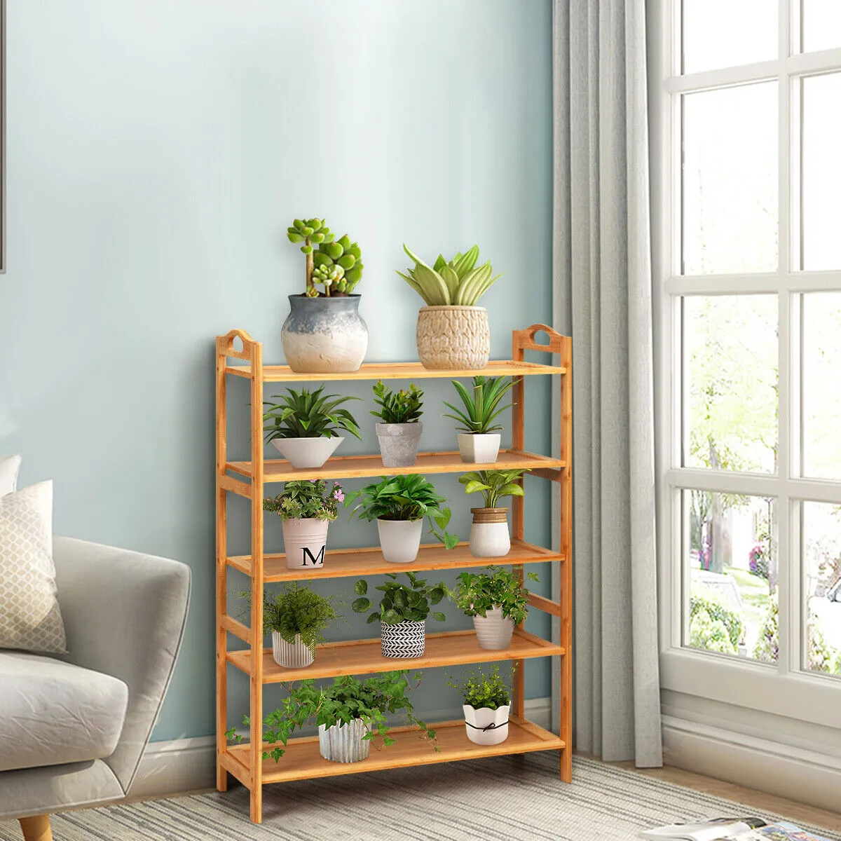 NNECW 5-Tier Bamboo Shoe Rack with Two Rounded Handles for Entryway