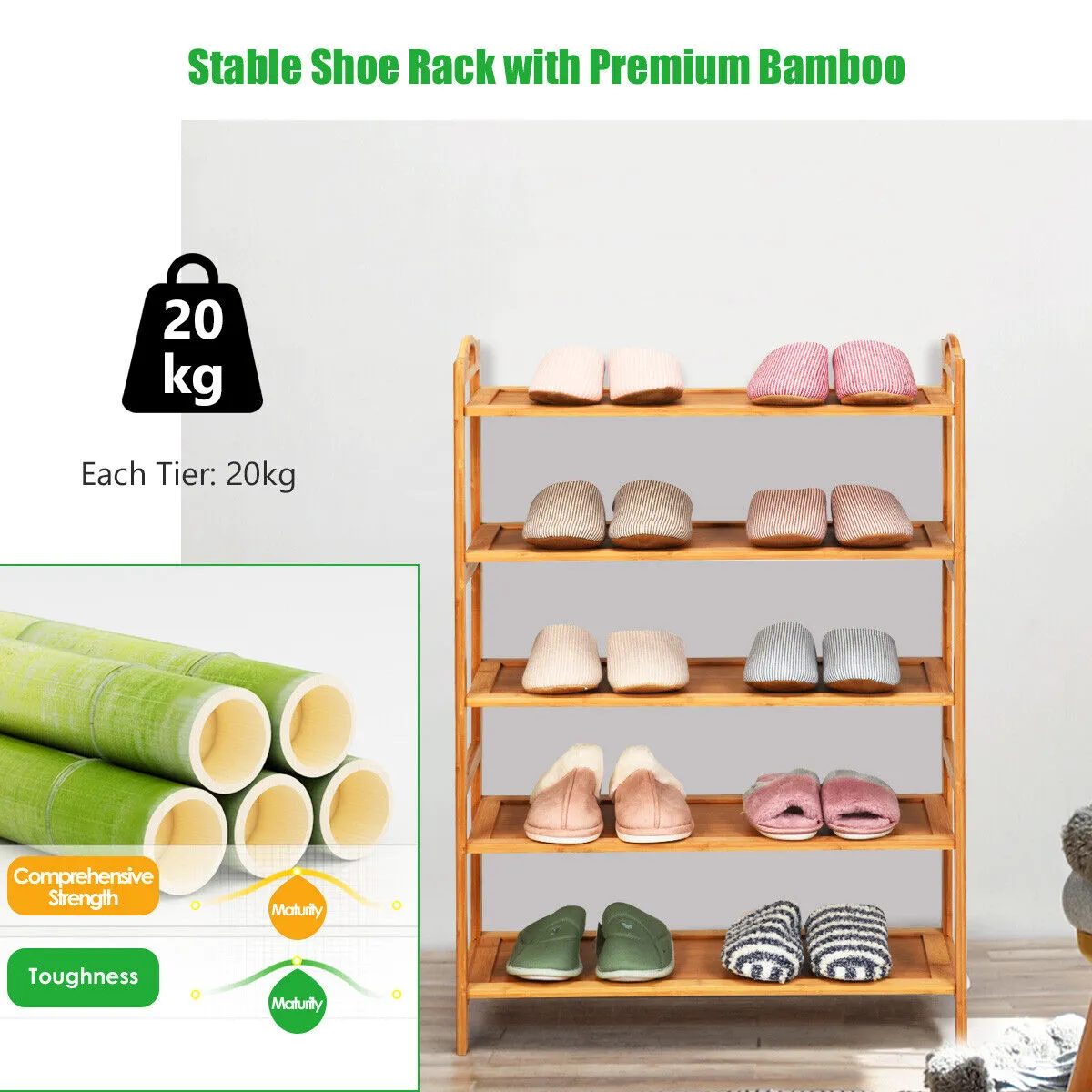 NNECW 5-Tier Bamboo Shoe Rack with Two Rounded Handles for Entryway