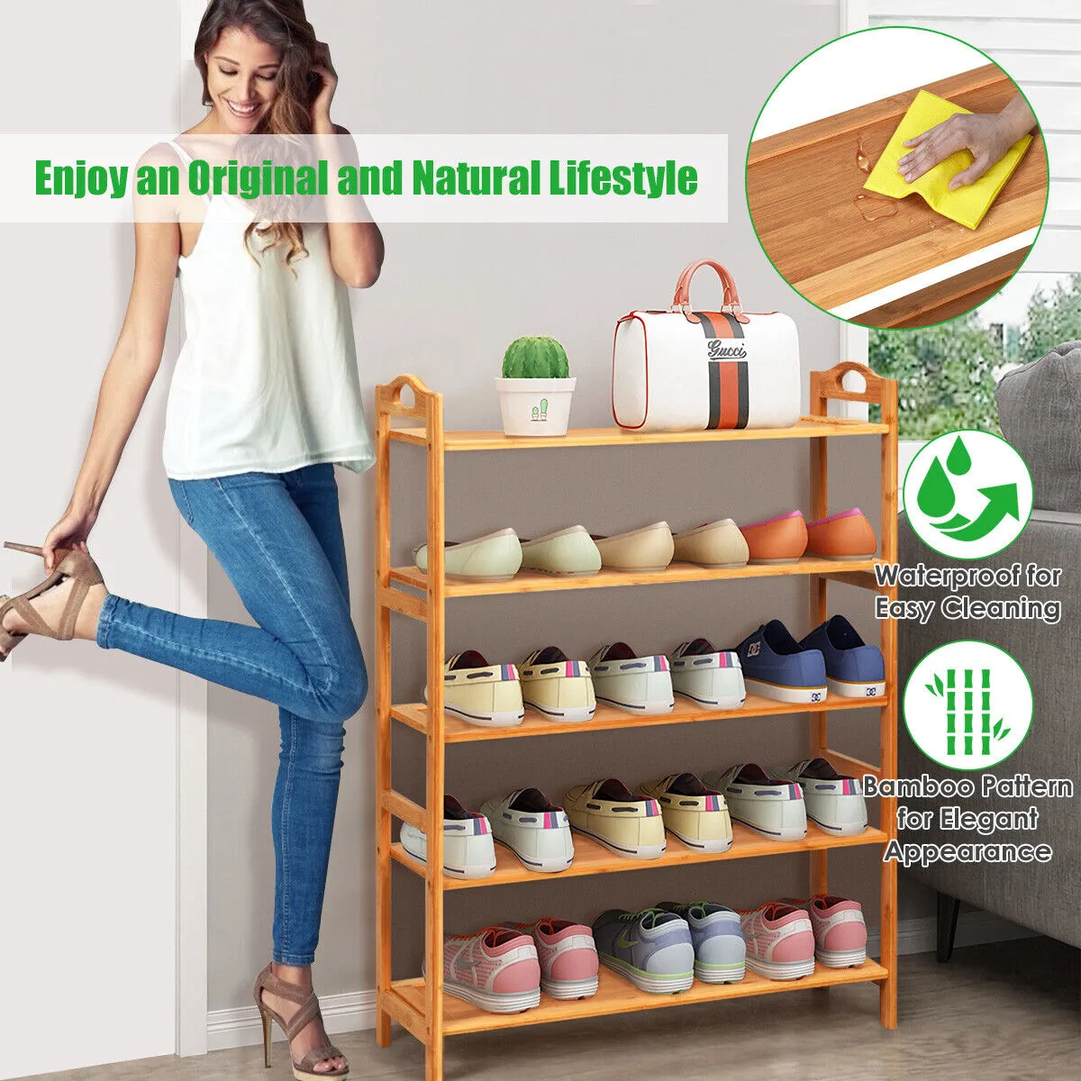 NNECW 5-Tier Bamboo Shoe Rack with Two Rounded Handles for Entryway