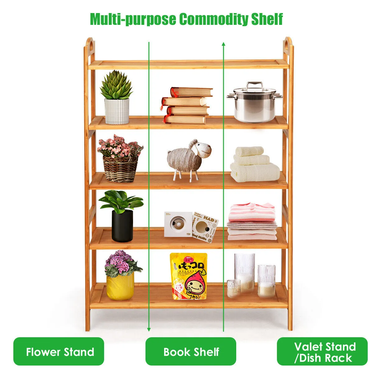 NNECW 5-Tier Bamboo Shoe Rack with Two Rounded Handles for Entryway