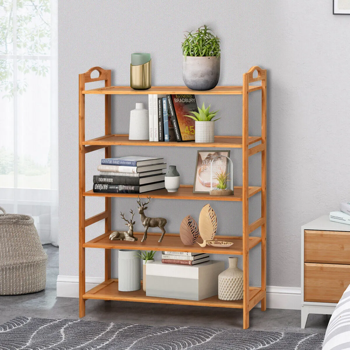 NNECW 5-Tier Bamboo Shoe Rack with Two Rounded Handles for Entryway