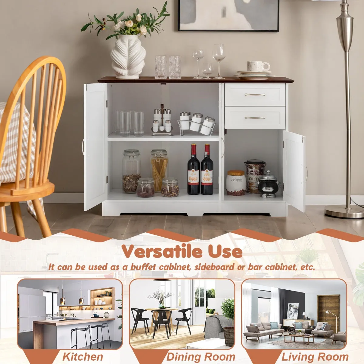 NNECW Buffet Sideboard Storage Cabinet with Spacious Table Top-White