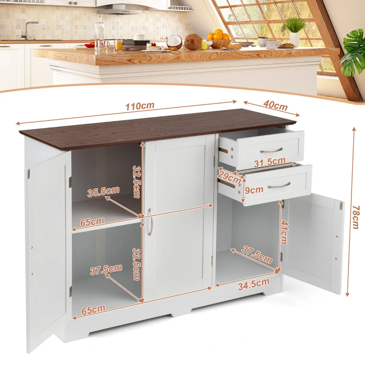 NNECW Buffet Sideboard Storage Cabinet with Spacious Table Top-White