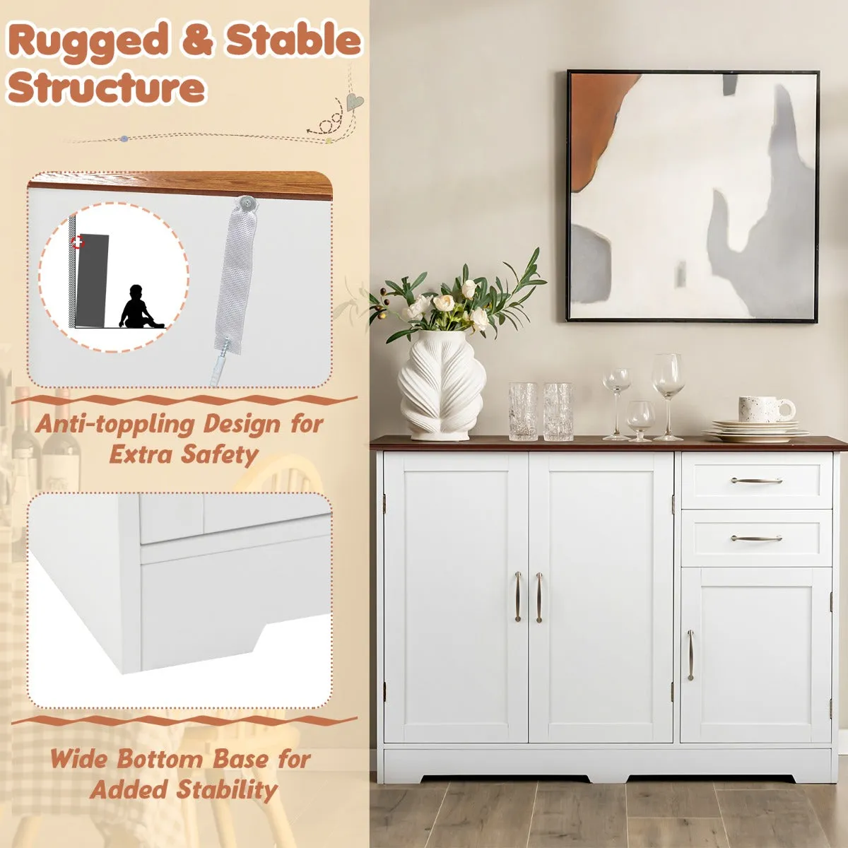 NNECW Buffet Sideboard Storage Cabinet with Spacious Table Top-White