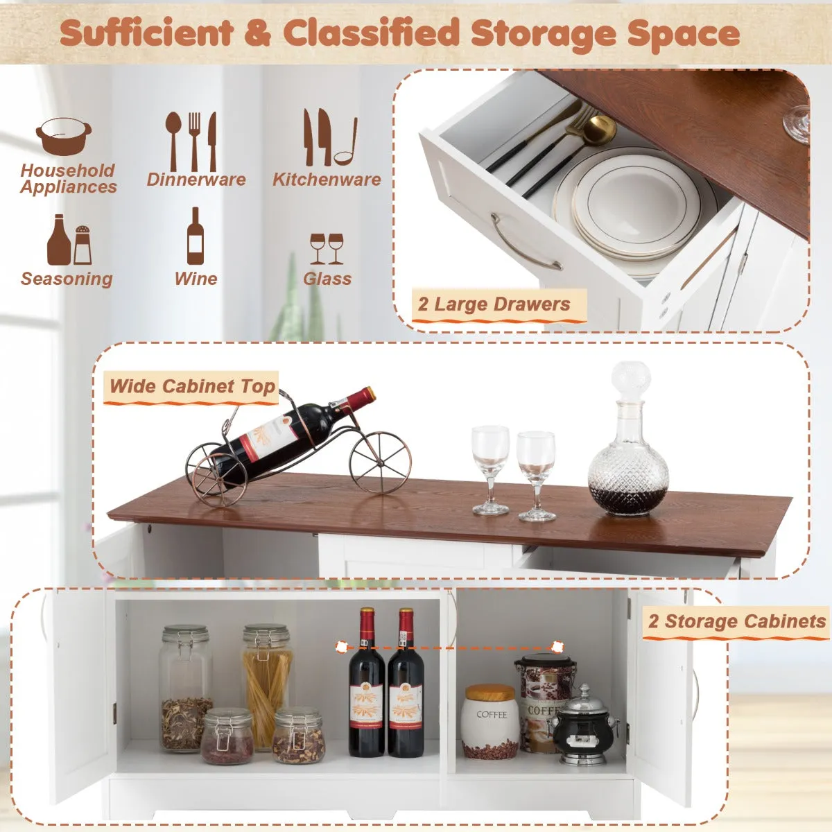NNECW Buffet Sideboard Storage Cabinet with Spacious Table Top-White