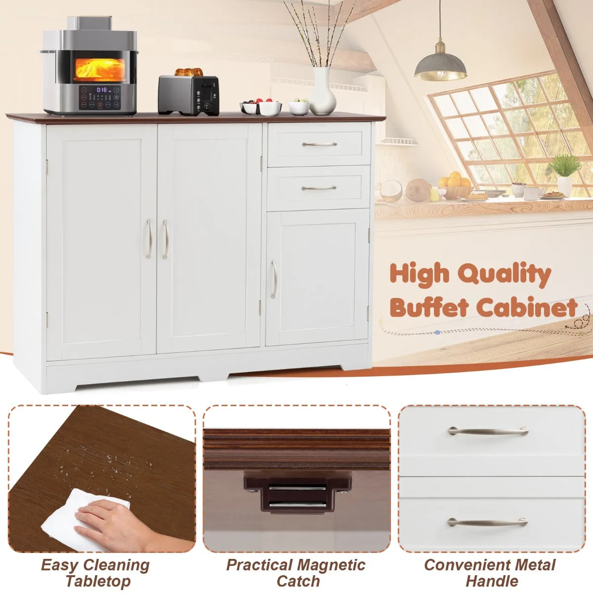 NNECW Buffet Sideboard Storage Cabinet with Spacious Table Top-White