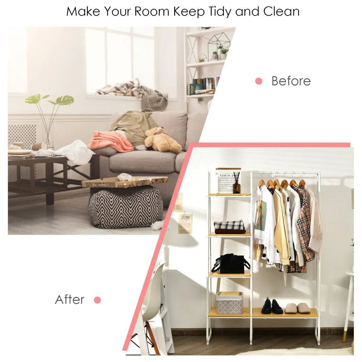 NNECW Free Standing Storage Organizer with Shelves for Bedroom/ Living Room-White