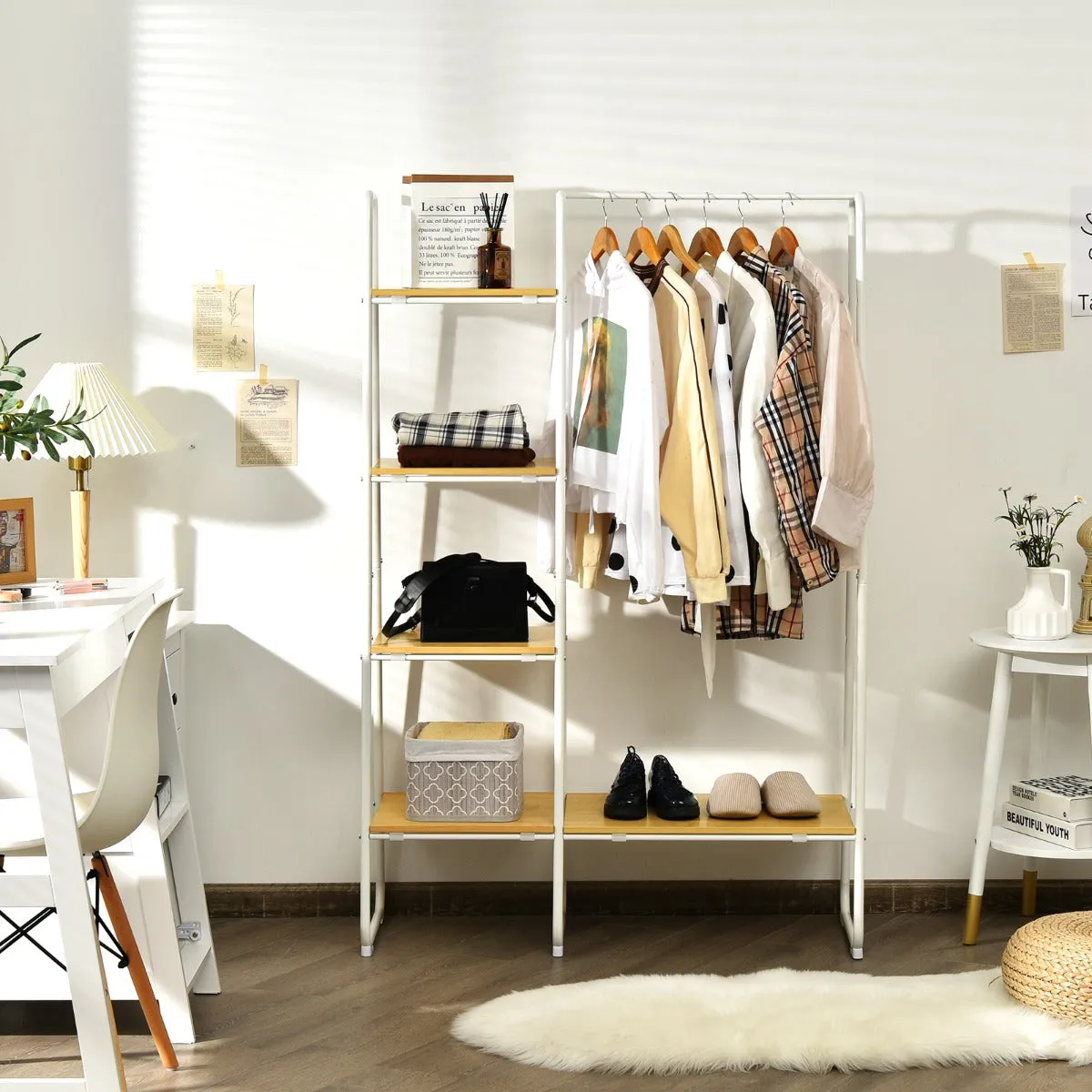 NNECW Free Standing Storage Organizer with Shelves for Bedroom/ Living Room-White