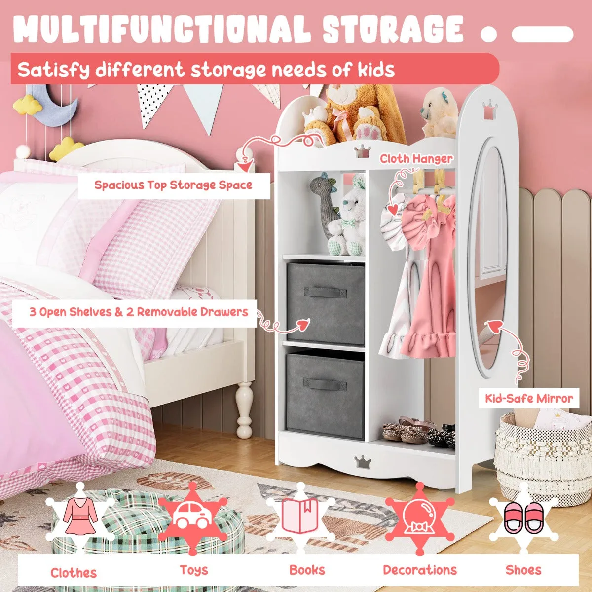 NNECW Kids Armoire Dresser with Mirror for Kids Room