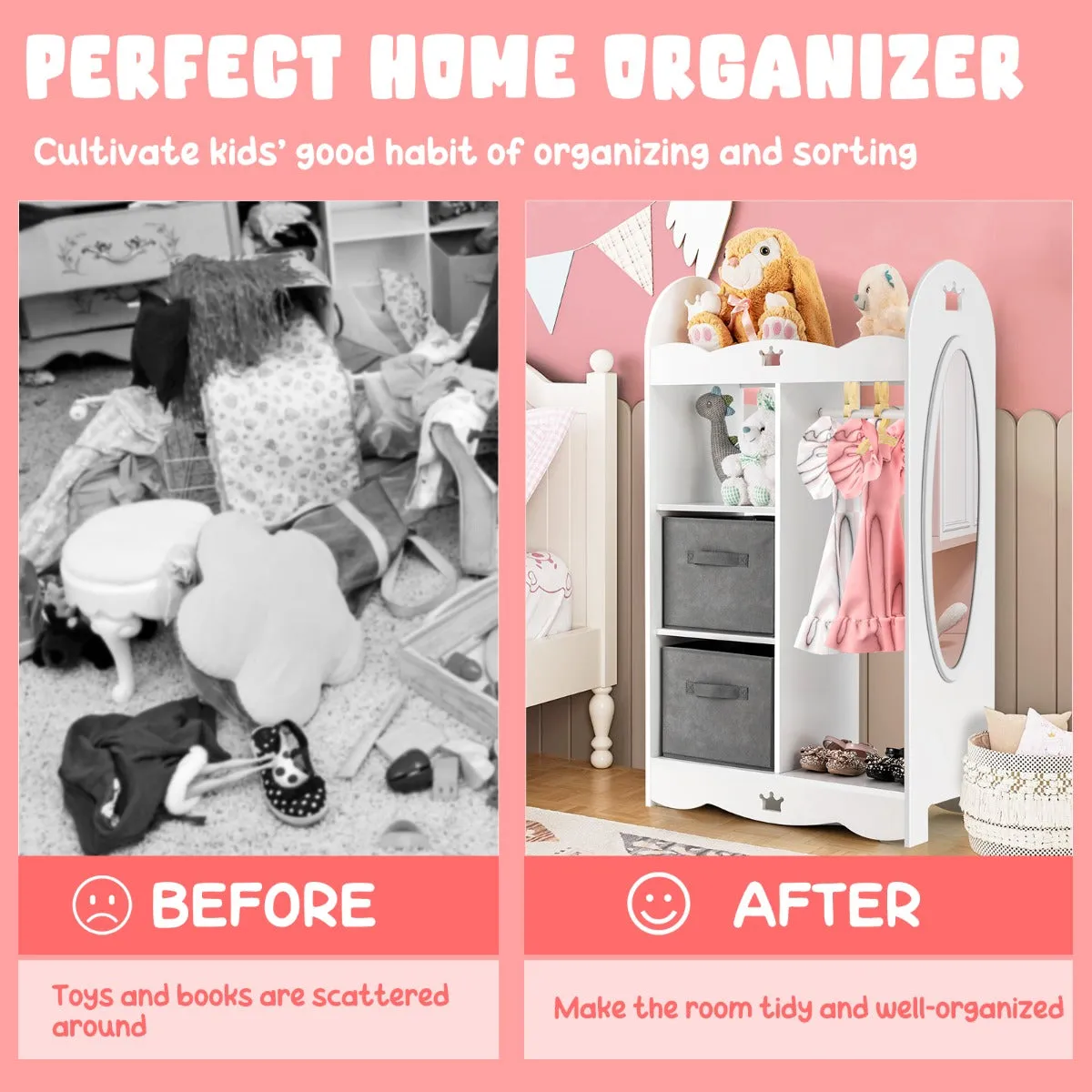 NNECW Kids Armoire Dresser with Mirror for Kids Room