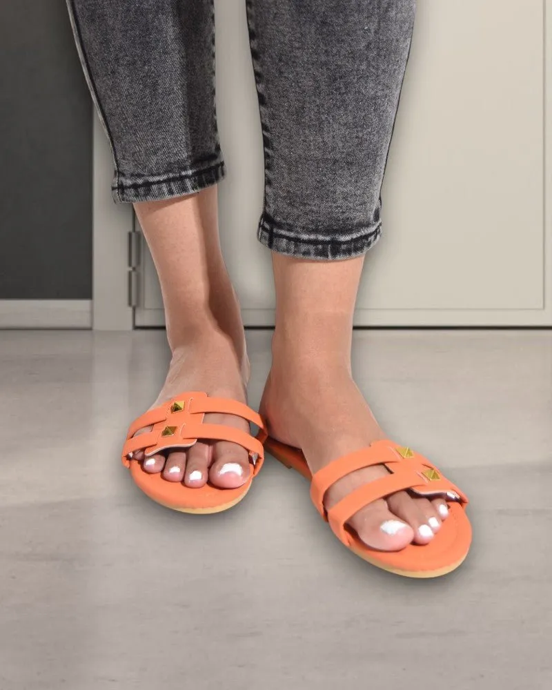 Orange Studded Slip On Sandal