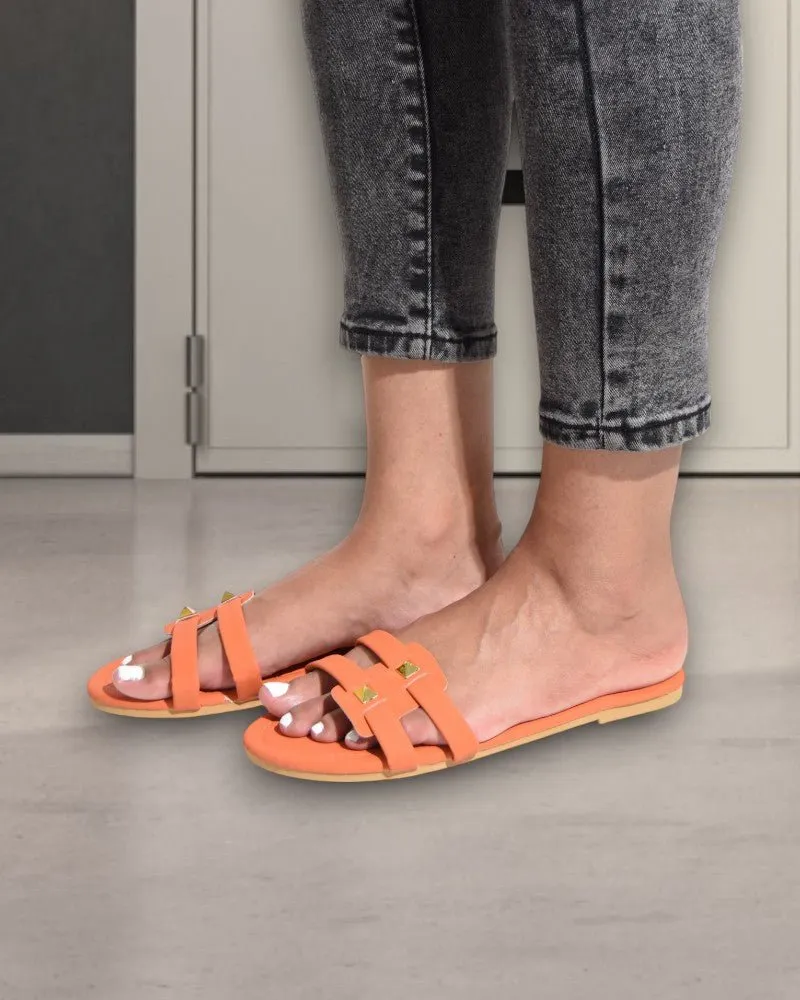 Orange Studded Slip On Sandal
