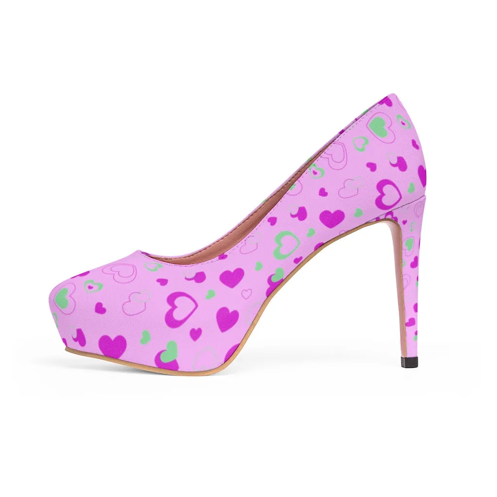 Pink Cute Heart Shaped Valentine's Day Print Women's 4 inch Platform Heels Shoes