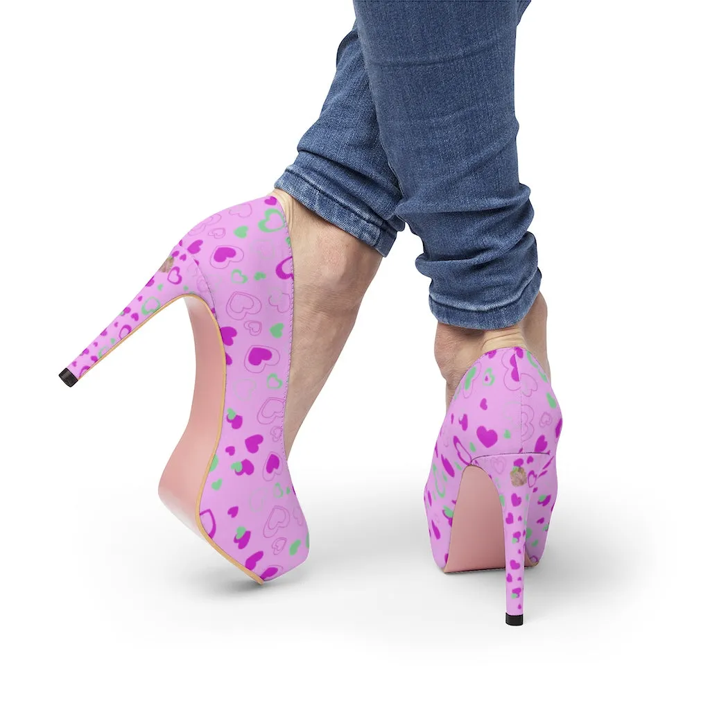 Pink Cute Heart Shaped Valentine's Day Print Women's 4 inch Platform Heels Shoes