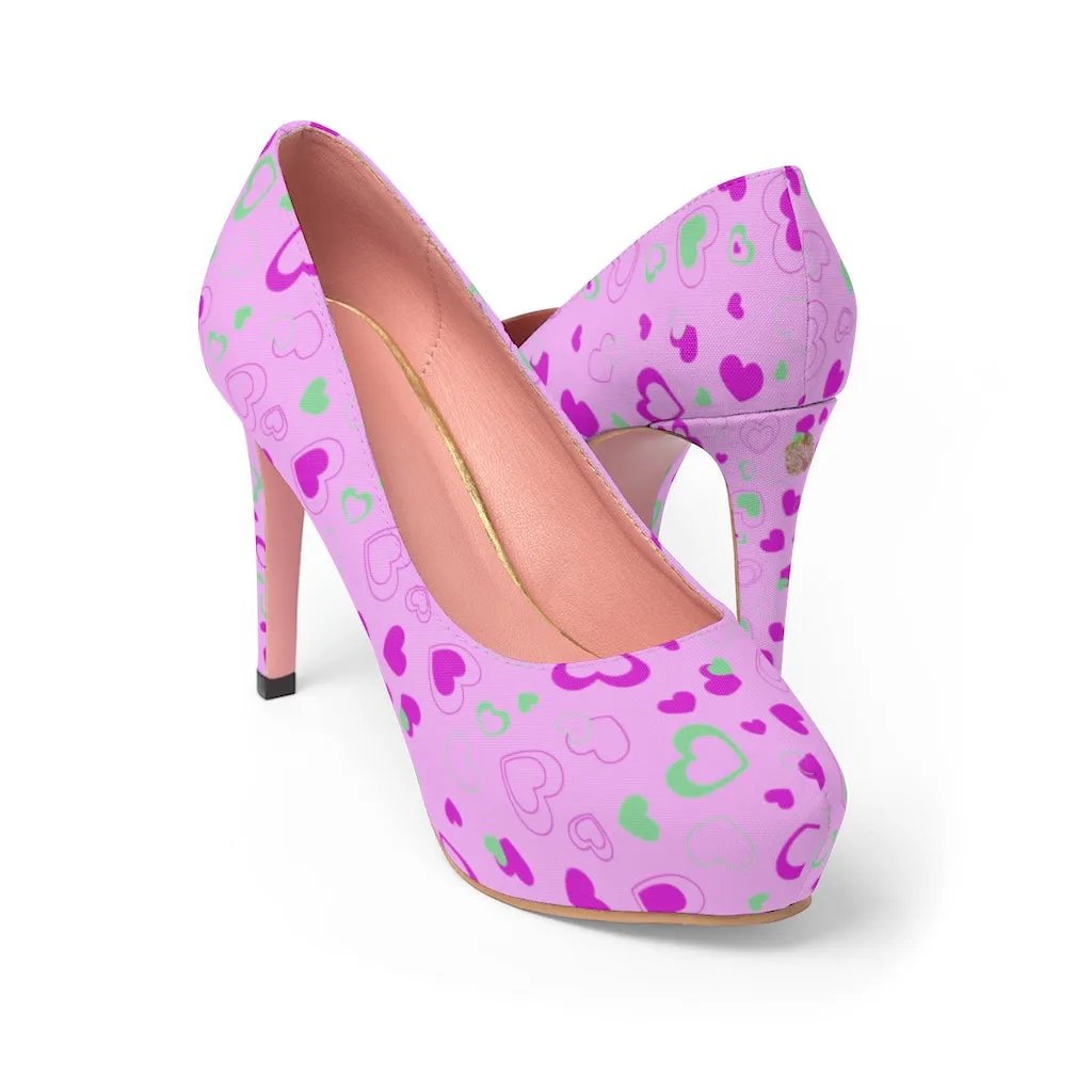 Pink Cute Heart Shaped Valentine's Day Print Women's 4 inch Platform Heels Shoes
