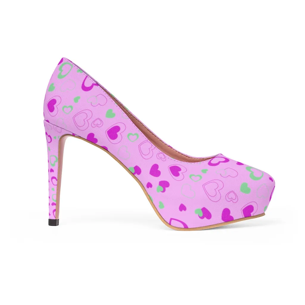 Pink Cute Heart Shaped Valentine's Day Print Women's 4 inch Platform Heels Shoes