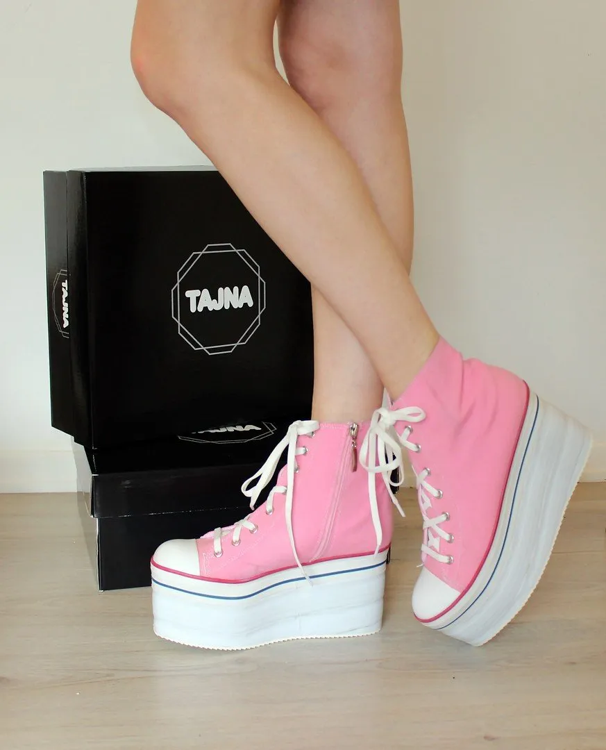 Pink Lace up Wedge Heel Platform Sport Shoes