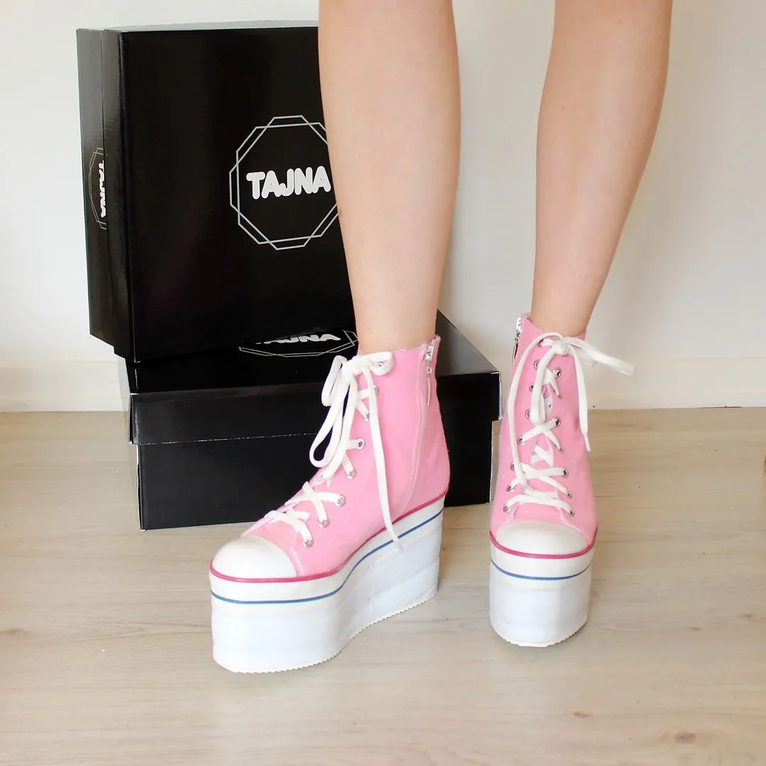 Pink Lace up Wedge Heel Platform Sport Shoes